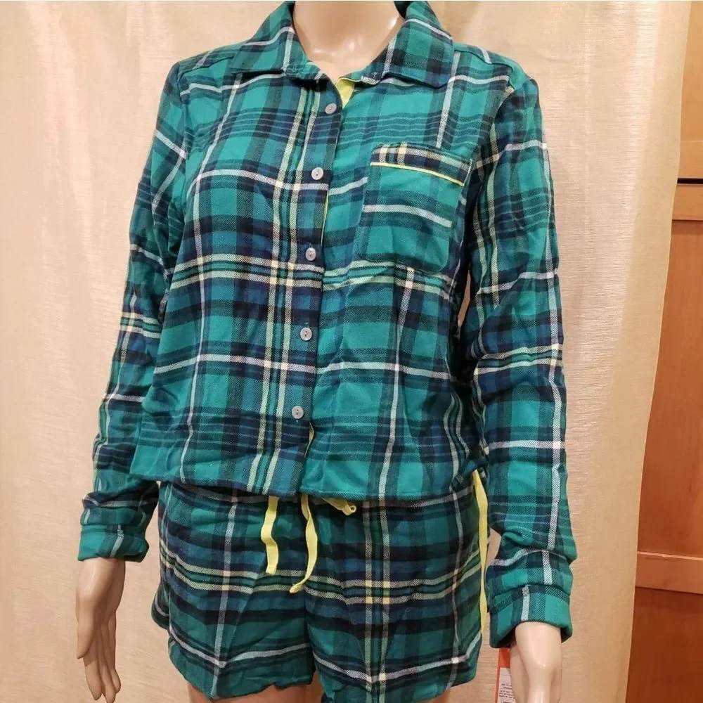 Flannel plaid notch collar pj
